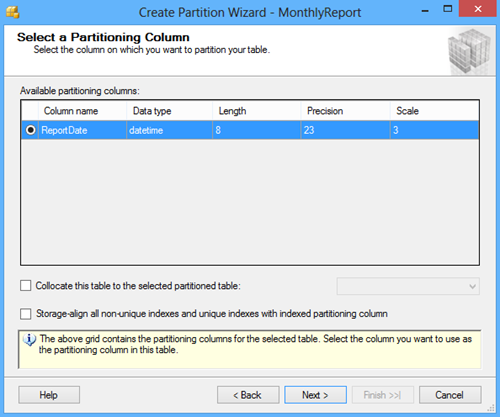 Select a Partitioning Column window