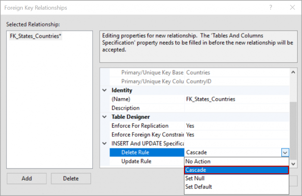 cascade as delete rule on a foreign key in SQL Server