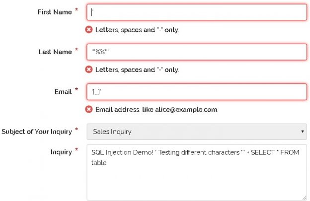 Attempting to locate a SQL injection vulnerability by entering special characters into form fields.