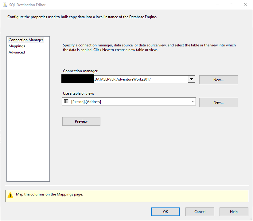 This image shows a screenshot of the SSIS SQL Server Destination Editor