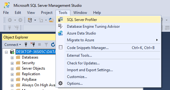 This image shows how we open SQL Server profiler from SQL Server Management Studio