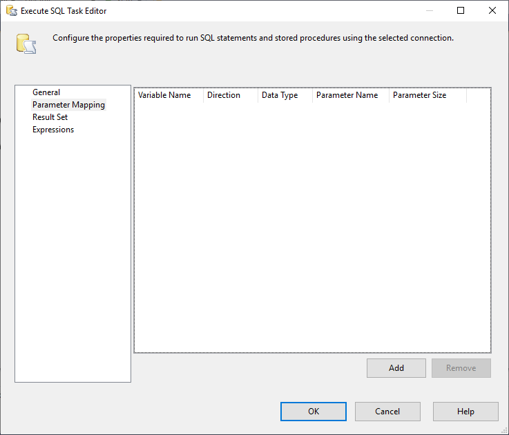 This image shoes the Parameter Mapping Tab within Execute SQL Task in SSIS
