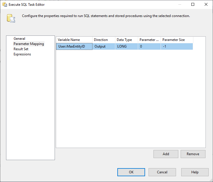 This image shows how an output parameter is configured in Execute SQL Task in SSIS