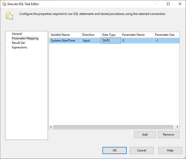 This image shows how Parameter Mapping is added in Execute SQL Task in SSIS