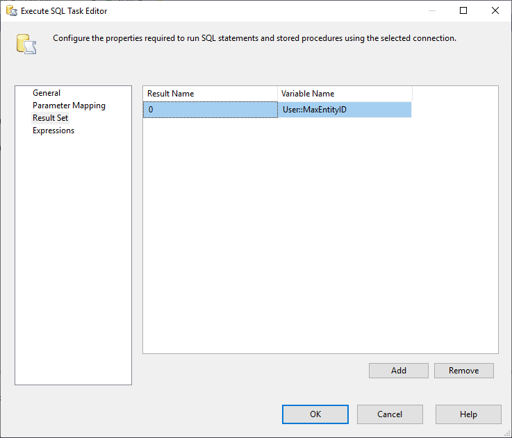 This image shows the Result Set Tab in Execute SQL Task in SSIS