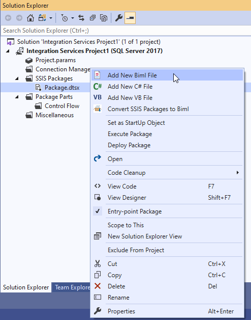 Add new Biml File in the SSIS solution explorer