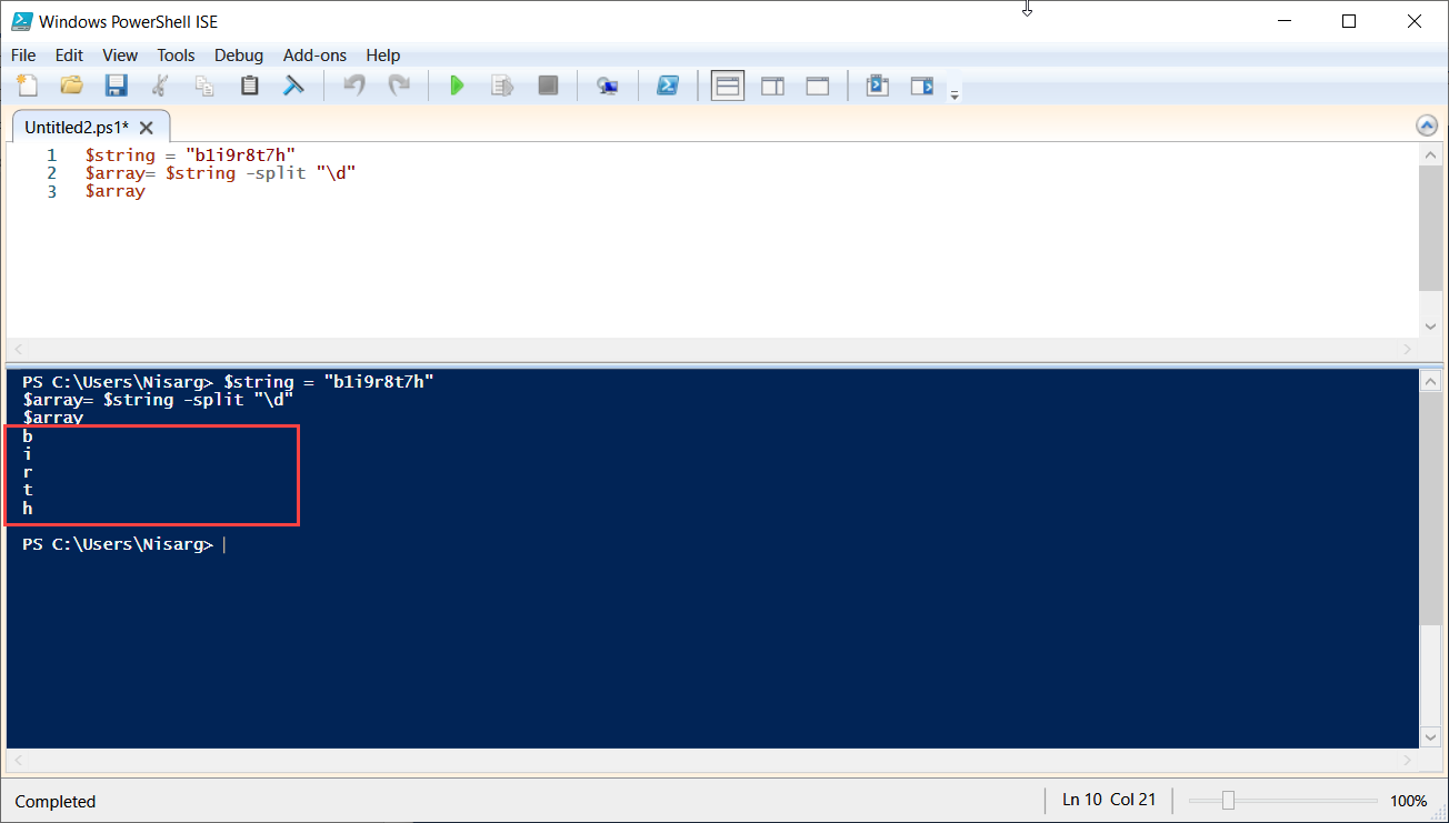 PowerShell script to split string into array: Array of characters from arbitrary string