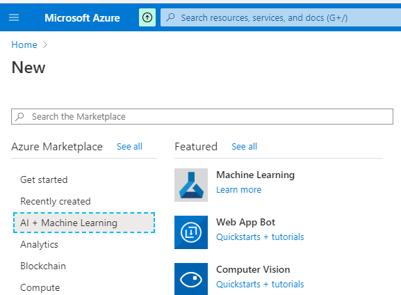 Chossing the Machine Learning resource from the Azure Portal.