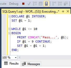 SQL Server loops - CONTINUE command inside the SQL Server WHILE loop