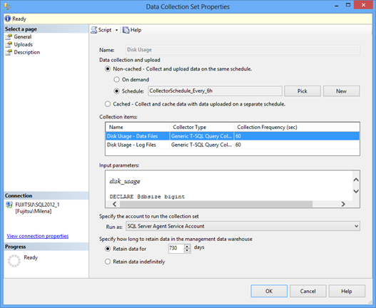 The Disk Usage data collection set properties