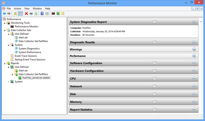 Windows Performance Monitor - Reports dialog
