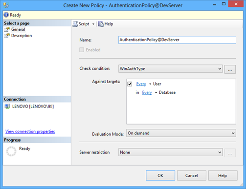 Creating new policy - specifying name,  condition, and targets
