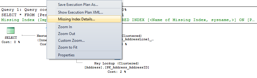 Missing Index details option