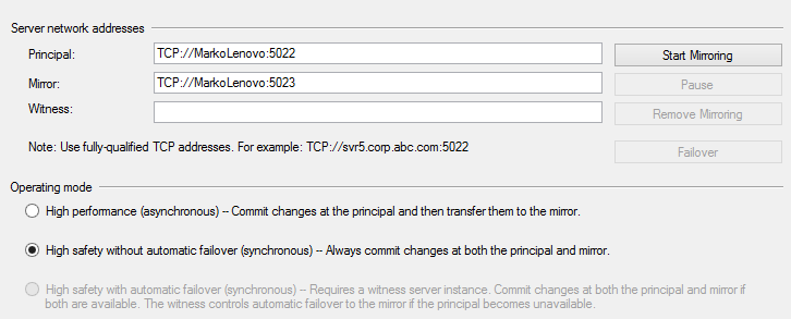 SQL Server database mirroring - specifying server network address and operating mode