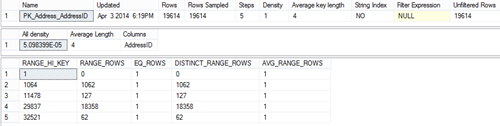 Dialog showing the information obtained using the DBCC SHOW_STATISTICS command