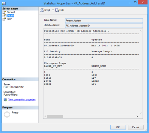 SQL Server statistics properties - The Details tab