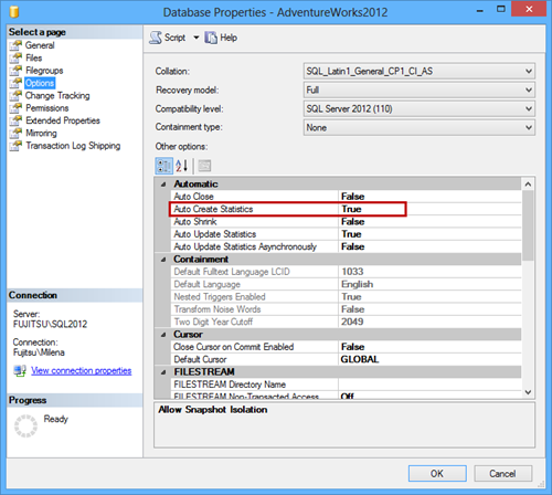 Changing the Auto Create Statistics option value in the Automatic section