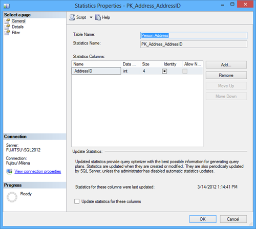 SQL Server statistics properties dialog