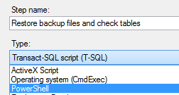 New Job Step - The Type drop-down box