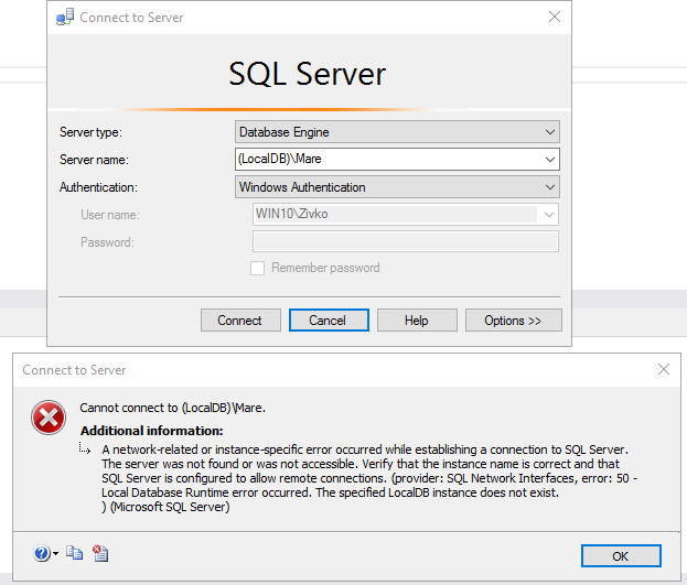 to connect use Microsoft SQL Server Express