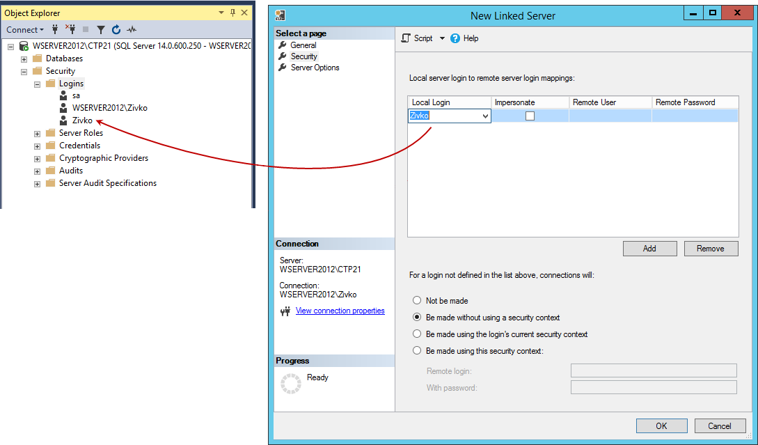 Specified location. SQL linked Server. Link Server MS SQL С Windows авторизацией. Wserver. Select the Server to connect to integration services.