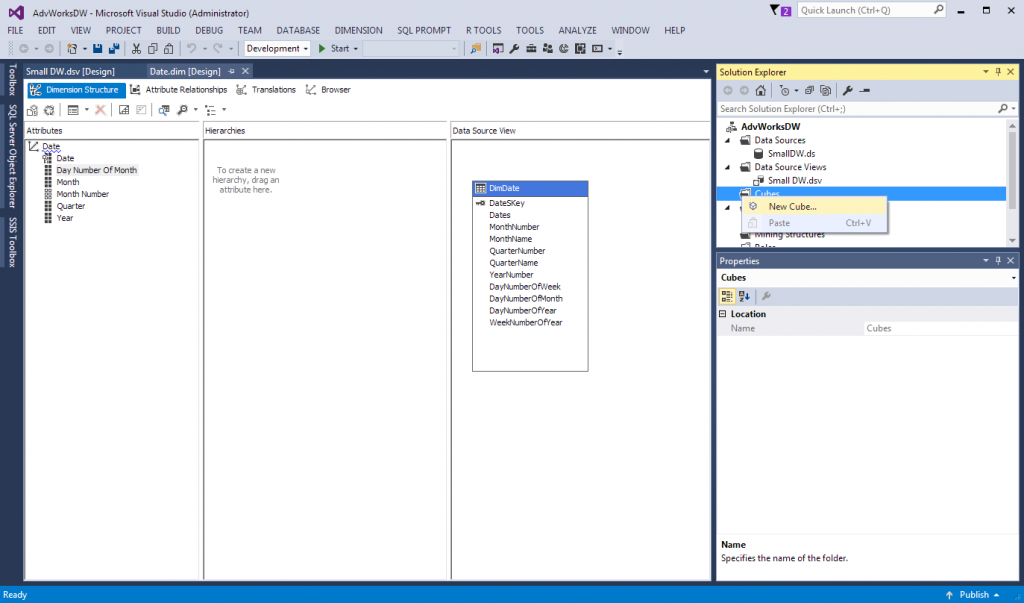 Initial Attributes and Measures in SSAS Multidimensional Cubes