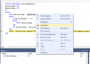 Debugging stored procedures in SQL Server Management Studio (SSMS)