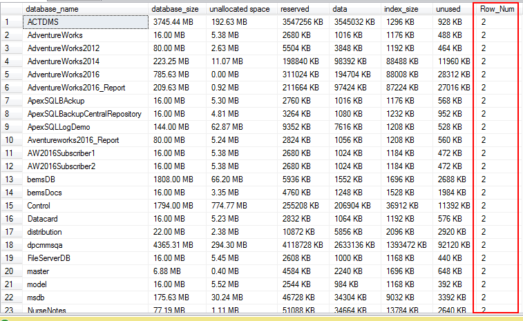 The following example uses the PARTITION BY argument to partition the query result set by all the columns of tb_spaceused table. 