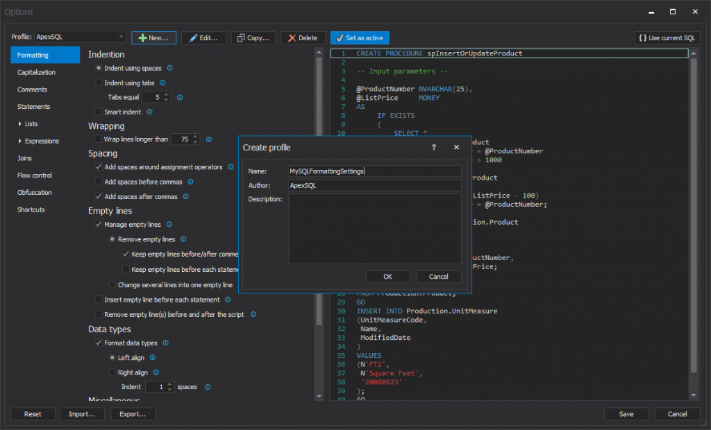 Gestionar el formato de código SQL empleando las opciones del SQL formatter