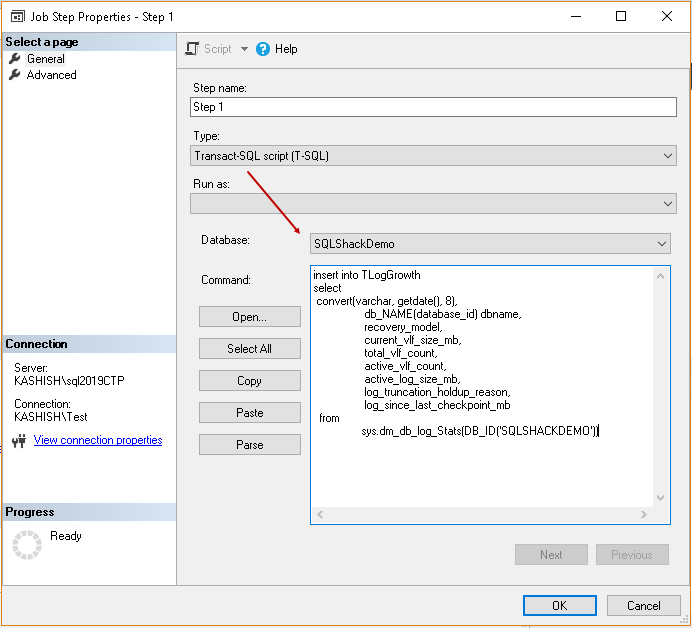 create job to capture data using sys.dm_db_log_Stats output