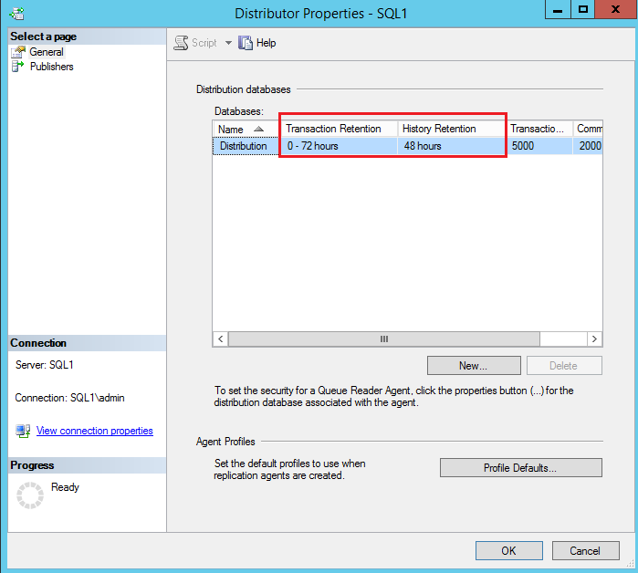 Distribution Properties where we can get Transaction and History retention information