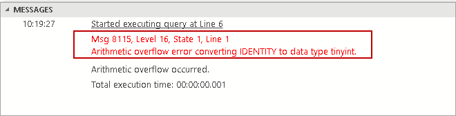 IDENTITY column Artihmetic overflow error