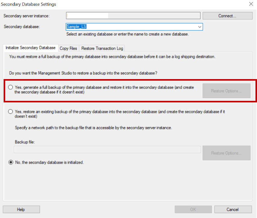 Initialize secondary database on secondary server