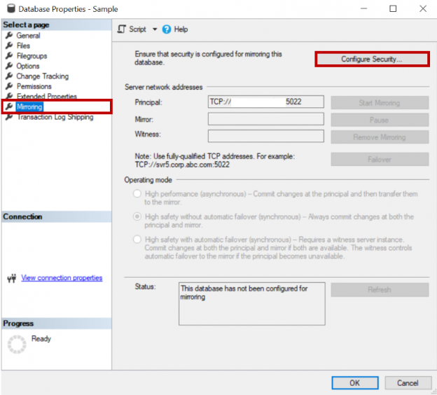 Mirroring setup - Configure security