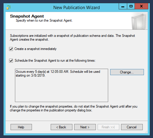 New publication wizard - Snapshot agent