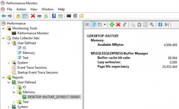 Performance Monitor report showing data collection set captured for memory performance