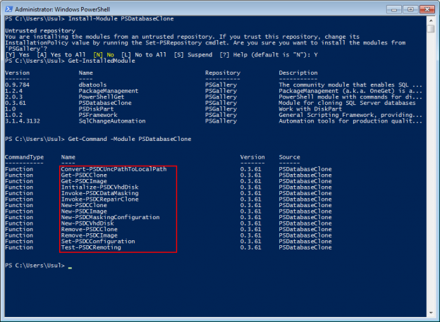 PSDatabaseClone installed cmdlets