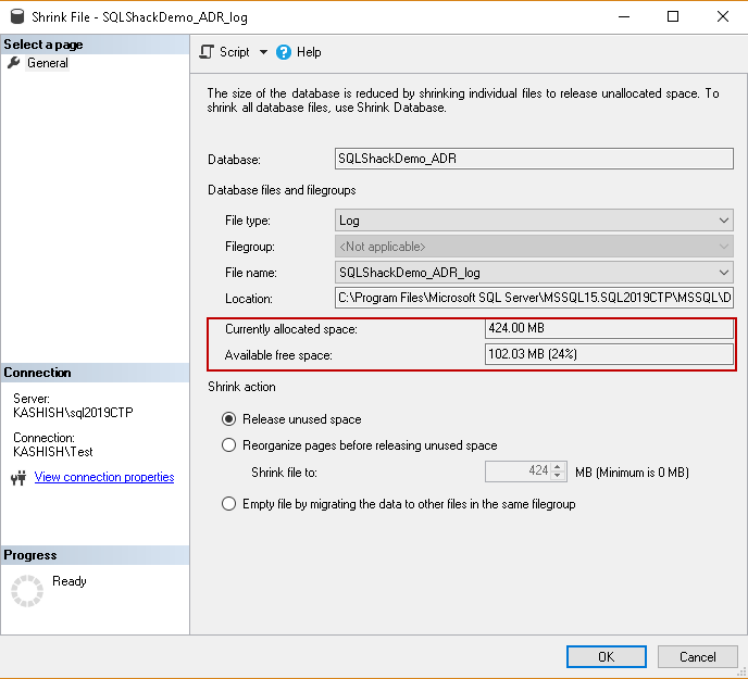 Shrink on Accelerated Database Recovery database