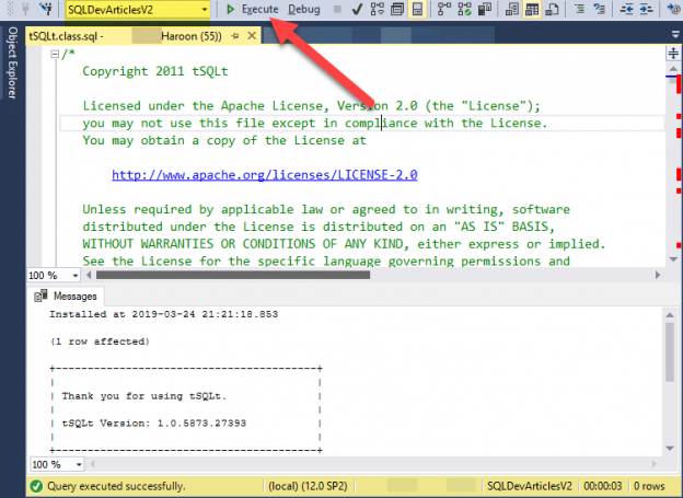 sql developer unit testing - Installing tSQLt framework by running its script against the sample database