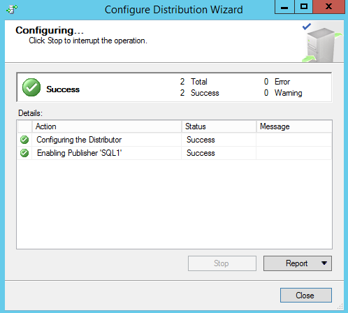 SQL Server replication - Configure distribution wizard - Configuring