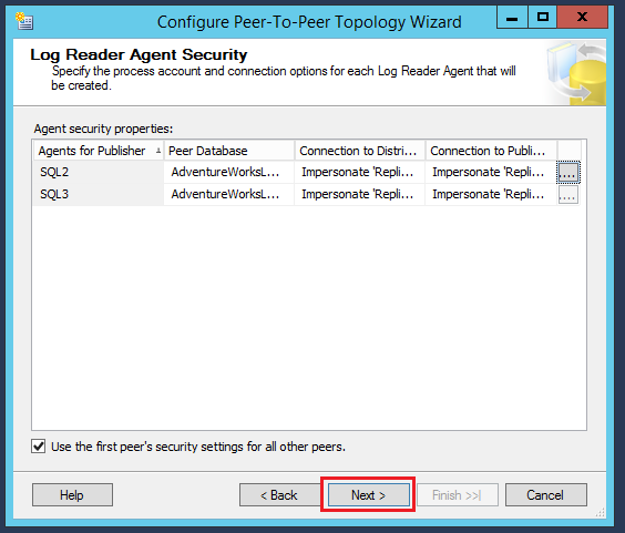 SQL Server replication - Log Reader Agent Secruity - Agent security properties