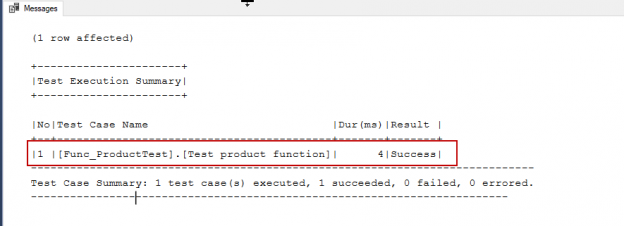 tSQLt framework unit test result