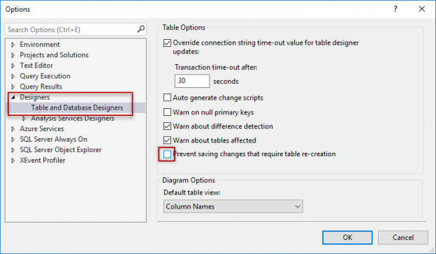 Uncheck Prevent saving changes that require table re-creation