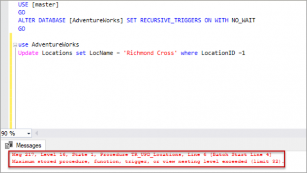 Direct recursive triggers in SQL Server