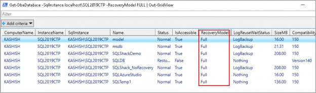 Get a database having a specific recovery model using DBATools Get-DbaDdatabase command