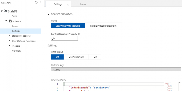 In Settings under our container in our Azure Cosmos DB, we see the options that we’ll use for our template