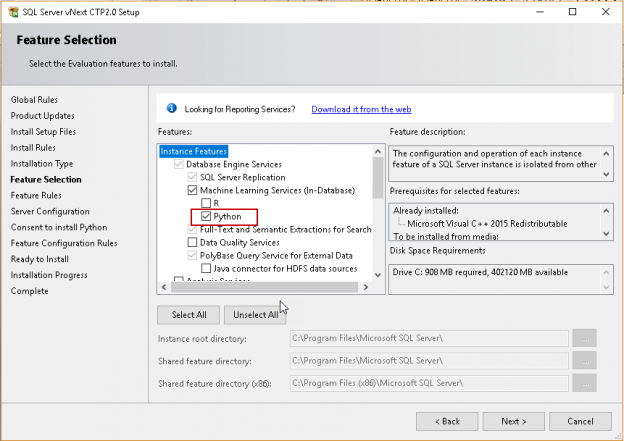 SQL Server feature selection for Python SQL