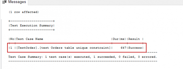 SQL unit testing - tSQLt framework tsqlt.ExpectException result image