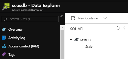 The Azure Portal view of our SQL API database in our Azure Cosmos DB