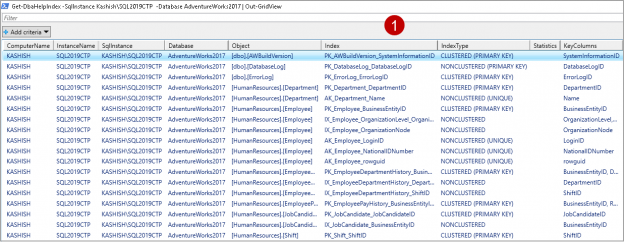 Index information in a specified instance on a particular database using